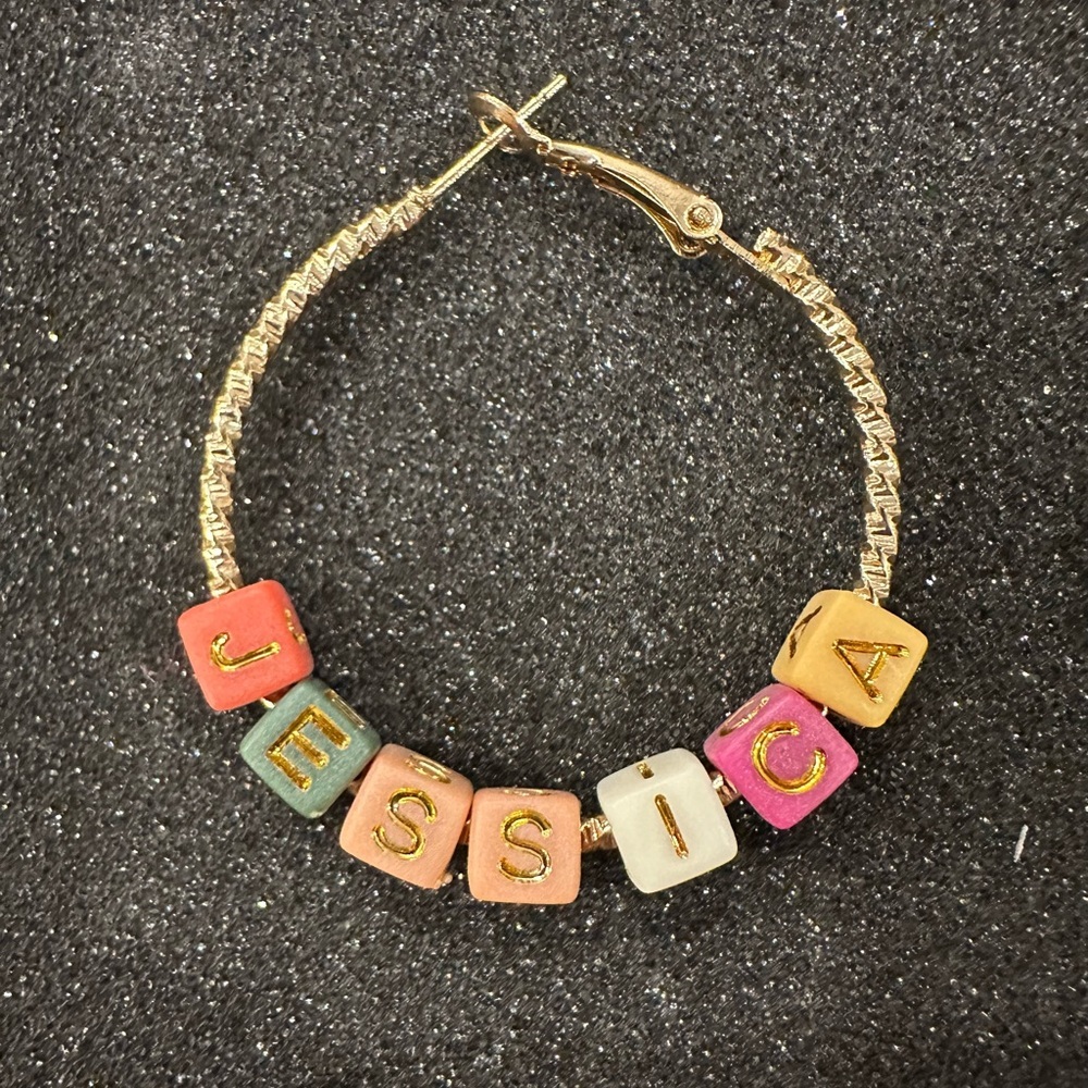 CUSTOMIZABLE Colourful Beaded Block Name Faux Gold Hoop Earrings (removable)